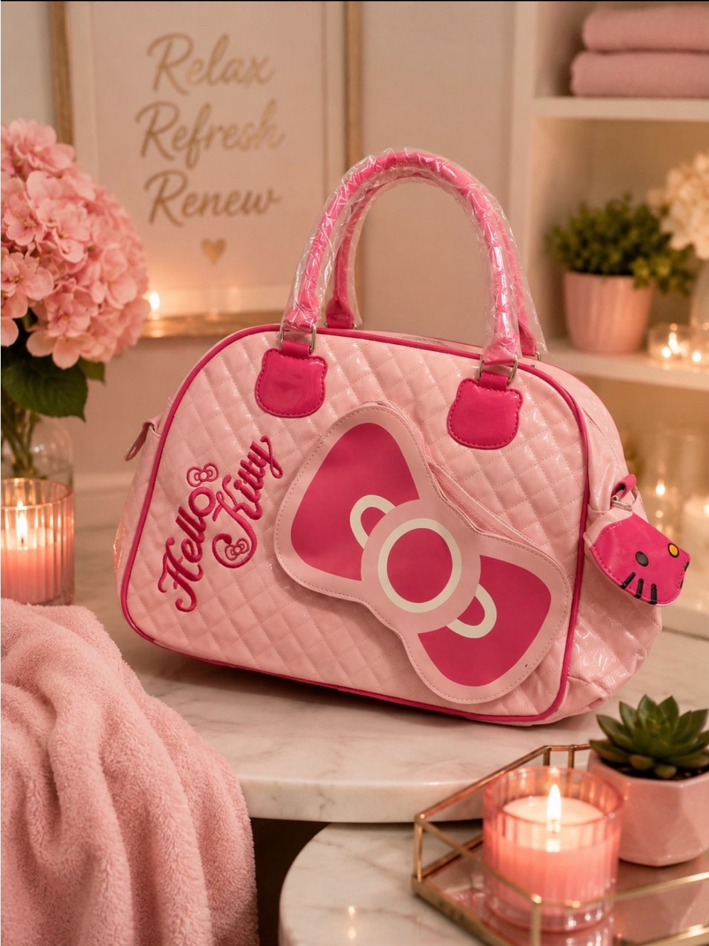 Hello Kitty Pink Quilted Satchel with Bow Accent